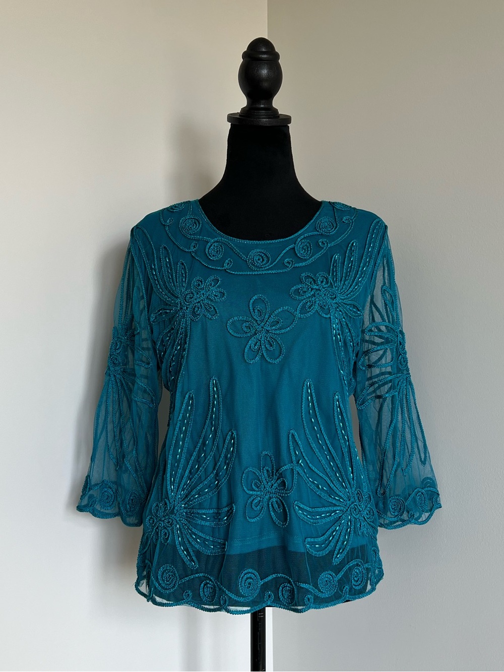 Source Unknown Teal Embellished Sheer Floral Blouse